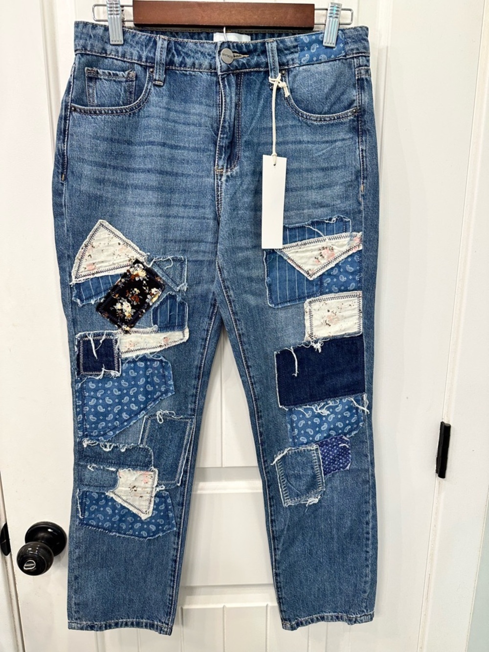 NWT Driftwood Abbey Patchwork Denim Straight Leg Jeans Paisley Floral 25x27